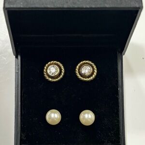 Vintage-Style Gold Bezel CZ & Pearl Stud Earring Set with removable rope detail